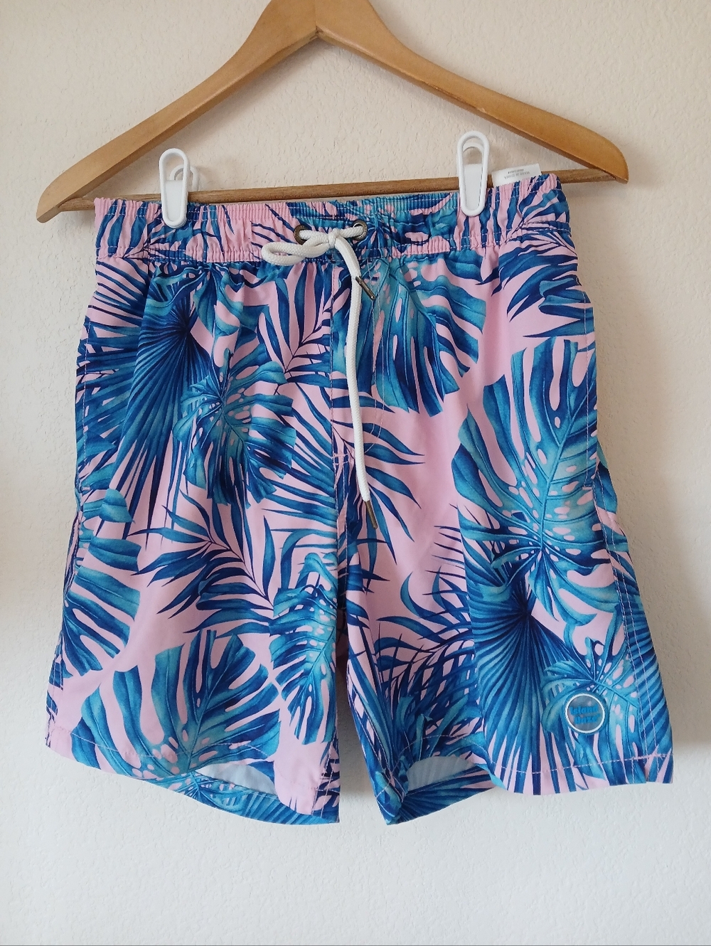 Island Haze Pool Party Hawaiian Print Swim Trunks Pink And Blue Palm Print